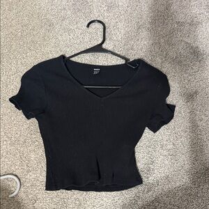 SHEIN Black Ribbed V-Neck Crop Top